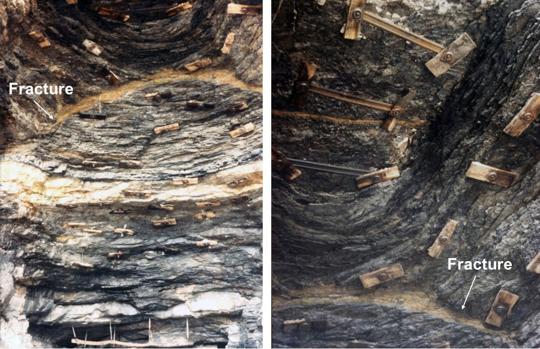 Large roof falls may occur at mine entries because of hill seam fractures. These examples are from mines in the Hazard No. 8 coal in eastern Kentucky. They occurred within 50 ft. of the outcrop.